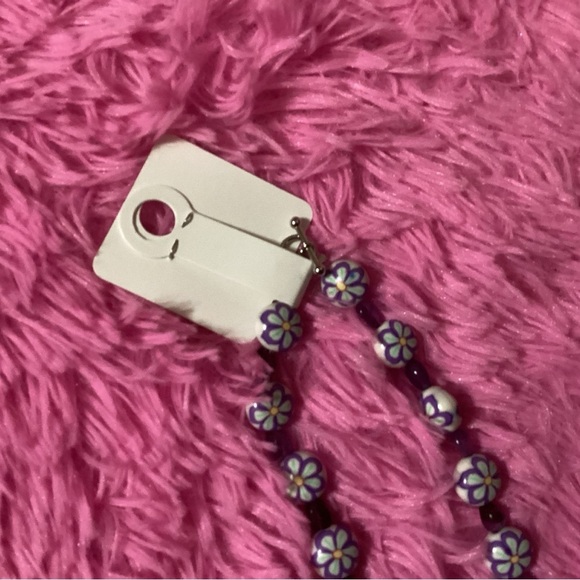 HANDCRAFTED NECKLACE 16” PURPLE WITH STONE HEART SOFT PURPLE FLOWER, GLASS BEADS - Picture 4 of 4